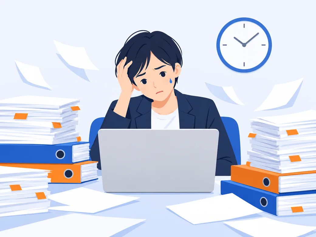 書類の山を前に頭を抱える人